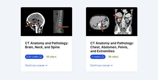 Two CT course cards showing brain, spine, chest, and abdominal scans, with arrows indicating the relevant anatomy. The left course covers the brain, neck, and spine. The right course covers the chest, abdomen, pelvis, and extremities.